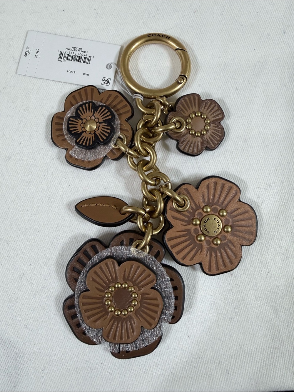 Coach Tea rose Cluster Brown Floral Leather Keychain Charm NWT